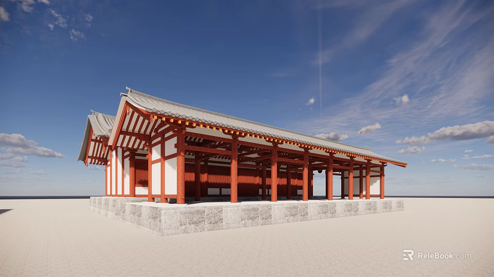 Ancient Architecture With Traditional Roof Red Columns White Walls On Stone Base Against Blue Sky 3d model 