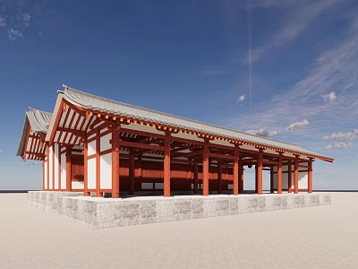 Ancient Architecture With Traditional Roof Red Columns White Walls On Stone Base Against Blue Sky 3d model