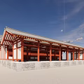 Ancient Architecture With Traditional Roof Red Columns White Walls On Stone Base Against Blue Sky