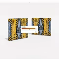 Artistic Yellow And Blue Double Doors With Black Stripes And Decorative Patterns