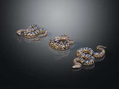 Three Coiled Snakes With Intricate Brown Black Patterns On Shiny Black Surface 3d model