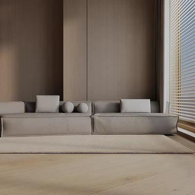 Gray Three-Seater Sofa in Modern Minimalist Room with Wooden Wall Window Blinds and Floor Mat 3d model