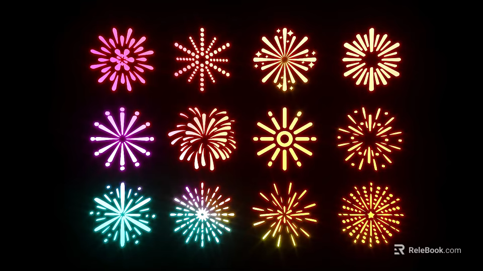 Vibrant Colorful Firework Patterns With Various Shapes And Bright Colors 3d model 