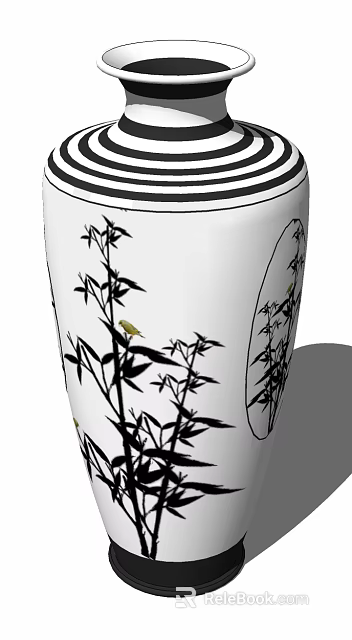 Artistic Vase Design With Bamboo Leaves And Small Birds Decoration 3d model 