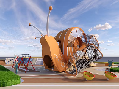 Outdoor Kids Play Area With Orange Snail Shaped Play Structure And Net Climbing Swings 3d model