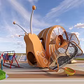 Outdoor Kids Play Area With Orange Snail Shaped Play Structure And Net Climbing Swings