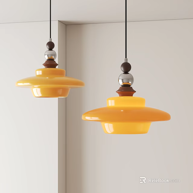 Yellow Glass Pendant Lights with Decorative Top Elements for Interior Design 3d model 