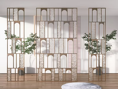 Modern Metal Room Divider With Geometric Patterns And Green Plants In Interior Design 3d model