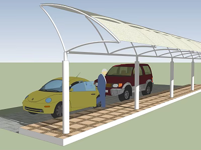 Modern Carport Pergola With White Frame Canopy Roof For Yellow Red Cars And Brick Pavement 3d model