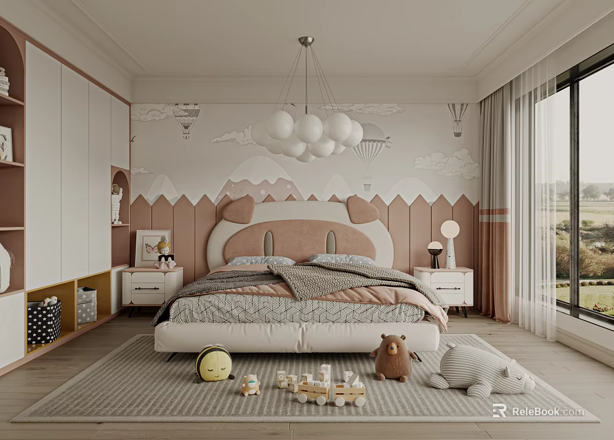 Cute Kids Room Interior With Cat Shaped Headboard Mountain Wall Decals And Stuffed Animals 3d model 