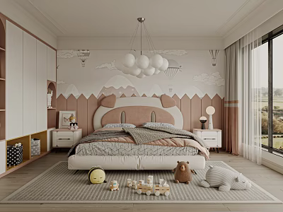 Cute Kids Room Interior With Cat Shaped Headboard Mountain Wall Decals And Stuffed Animals 3d model