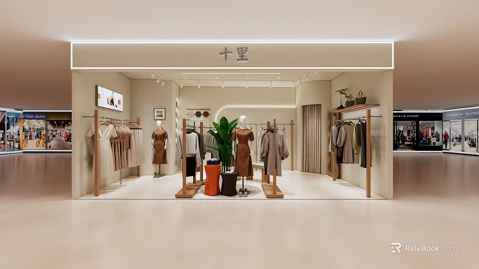 Fashionable Clothing Store Interior With Mannequins Various Apparel And Decorative Plants 3d model 