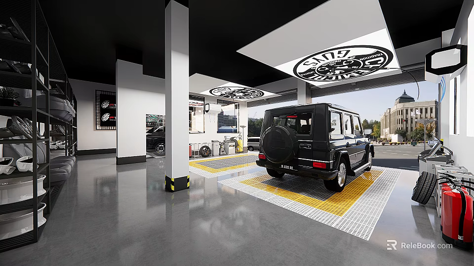 4S Car Dealership Showroom With Black SUV Parked On Marked Floor And Ceiling Lights 3d model 