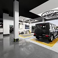 4S Car Dealership Showroom With Black SUV Parked On Marked Floor And Ceiling Lights