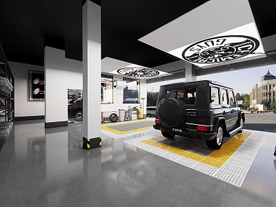 4S Car Dealership Showroom With Black SUV Parked On Marked Floor And Ceiling Lights 3d model