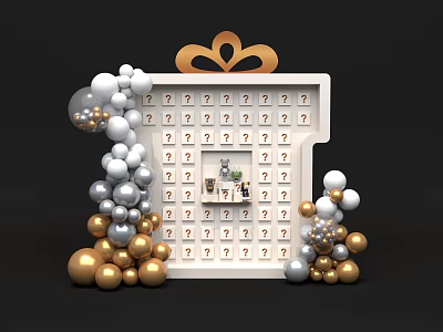 Interactive Zone Featuring White Lottery Board With Golden Bow And Balloons Decoration 3d model