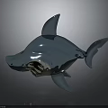 Shark Model With Blue Metallic Finish Open Mouth Glossy Surface Against Dark Background With Reflection