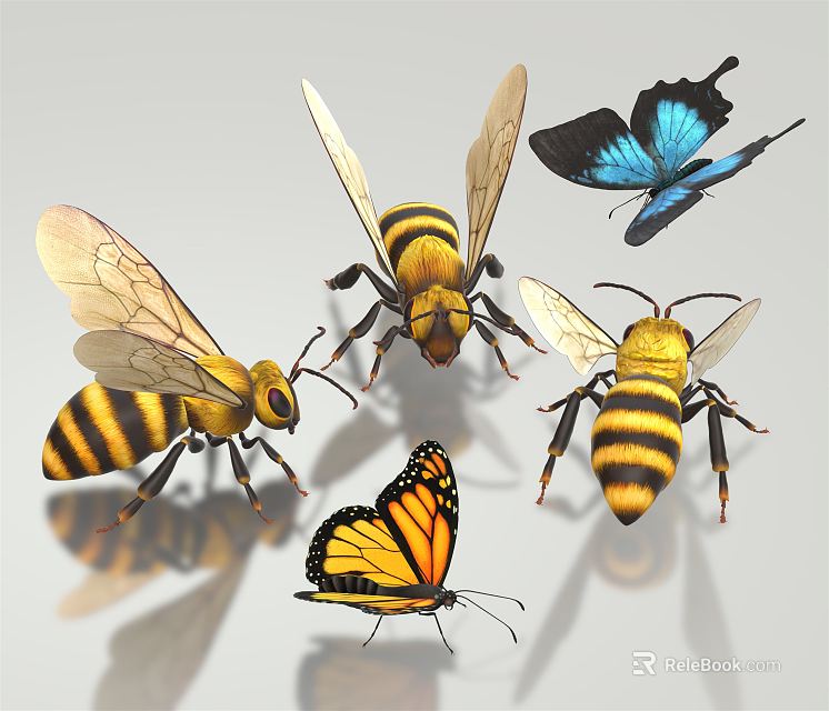 Colorful Flying Animals Featuring Yellow Bees And Blue Orange Butterflies On White Background 3d model 
