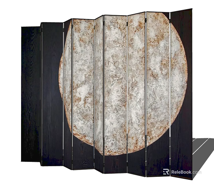 Elegant Folding Room Divider With Large Circular Pattern And Dark Wooden Frame 3d model