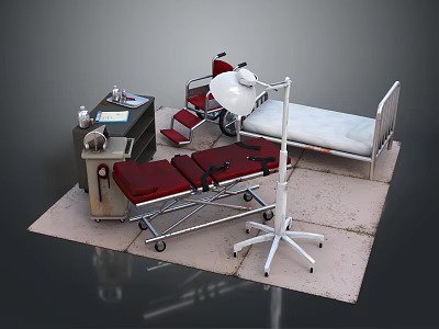 Medical Equipment Setup with Hospital Bed Wheelchair Stretcher and Floor Lamp 3d model