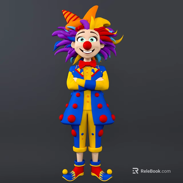 Clown Character With Colorful Hair Red Nose And Blue Yellow Polka Dot Outfit Arms Crossed 3d model 