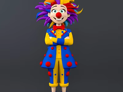 Clown Character With Colorful Hair Red Nose And Blue Yellow Polka Dot Outfit Arms Crossed 3d model