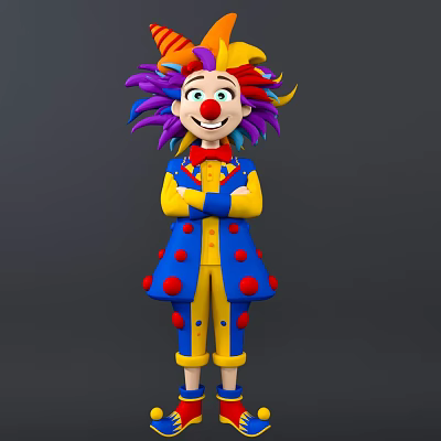 Clown Character With Colorful Hair Red Nose And Blue Yellow Polka Dot Outfit Arms Crossed 3d model