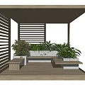 Wooden Pergola With Lattice Sides Green Plants Stone Benches And Wooden Platform