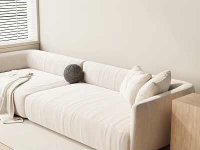 Beige Two Seater Sofa with Soft Cushions Blanket and Wooden Side Table Near Window Blinds 3d model