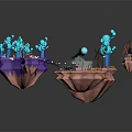 Vibrant Cartoon Scene With Floating Islands Round Structure Blue Plants Colorful Terrain And Tiny Figures