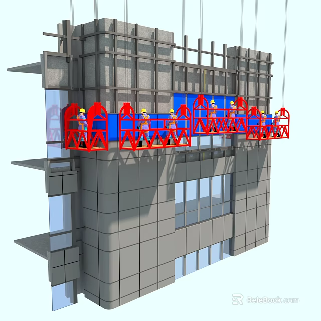 Exterior Building Wall Construction With Red Suspended Platforms And Scaffolding 3d model