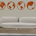 Modern White Multi Seat Sofa With Metal Legs And Four Orange Globe Wall Art Above