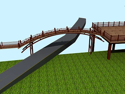 Wooden Bridge Connecting Black Road And Platform Over Green Grass Under Blue Sky 3d model