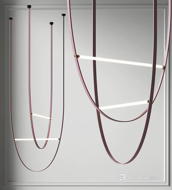 Modern Curved Metal Frame Chandelier With White Light Strips And Hanging Design Elements 3d model 