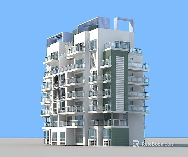 Modern Multi Storey Residential Building With White And Green Exterior Multiple Balconies And Glass Windows 3d model 