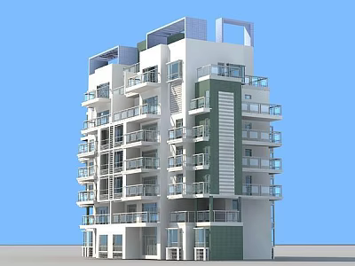 Modern Multi Storey Residential Building With White And Green Exterior Multiple Balconies And Glass Windows 3d model