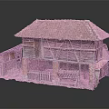 Old Wooden House With Red Tiled Roof Brick Walls Porch Railing And Grass