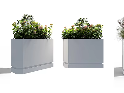 Multiple Potted Plants In White Square Planters With Green Leaves And Pink Flowers 3d model
