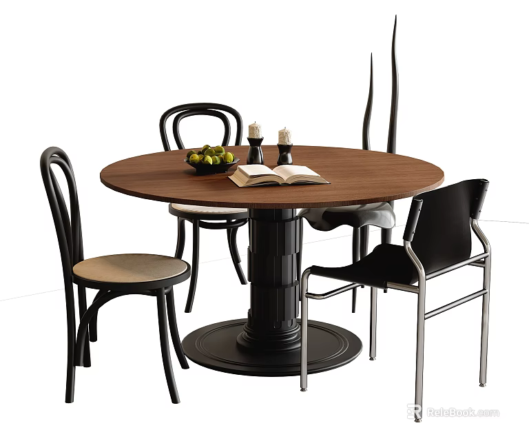 Modern Round Wooden Dining Table and Chairs with Fruit Bowl Candles Open Book 3d model 
