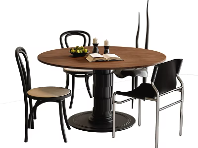Modern Round Wooden Dining Table and Chairs with Fruit Bowl Candles Open Book 3d model