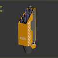 Yellow Industrial Machinery With Vertical Body Black Components Warning Stripes And Gray Base