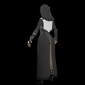 Woman in modern nun habit with high slit and gold accents shown from multiple angles