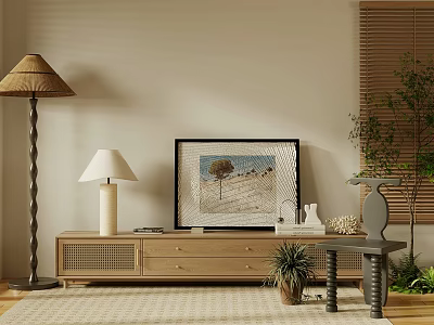 Modern Living Room With TV On Wooden Stand Beige Wall Bamboo Blinds Green Plants 3d model