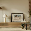 Modern Living Room With TV On Wooden Stand Beige Wall Bamboo Blinds Green Plants