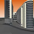 Modern High Rise Buildings With Glass Facade And Orange Sky Background