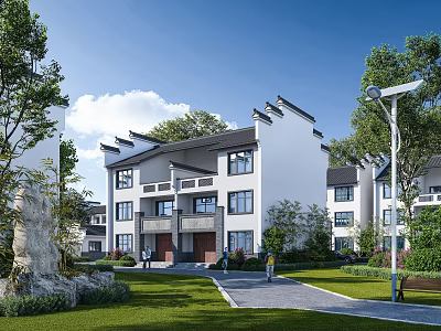 Traditional Chinese Style Twin Villas With Lush Garden 3d model