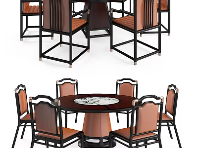 Stylish Round Dining Table Set With Six Leather Seats And Black Wooden Frame Design 3d model