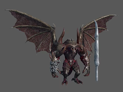 Mythical Warrior Confronting Winged Fantasy Creature with Spear and Clawed Limbs Design 3d model