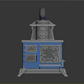 Vintage Blue And Silver Electrical Stove With Decorative Patterns And Chimney
