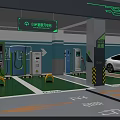 Modern Electric Vehicle Parking Lot With Charging Stations And Green Flooring